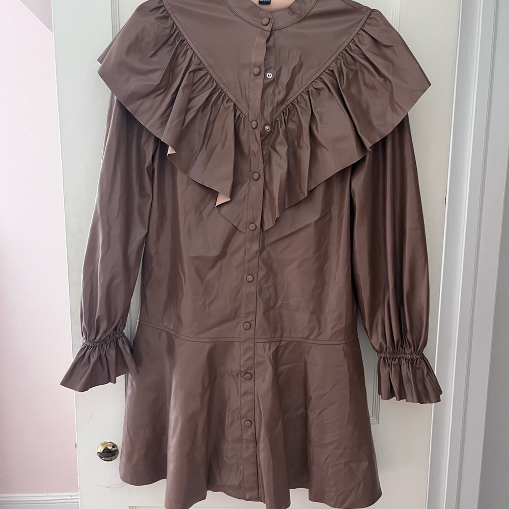 Brown leather Ruffled Button-Up Dress